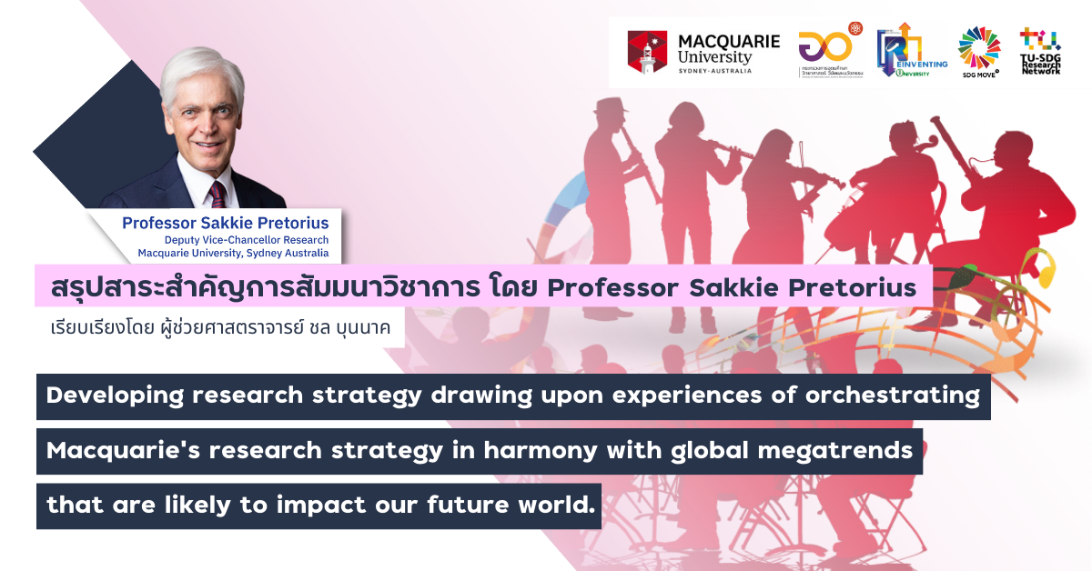 สรุปสาระสำคัญ การสัมมนาวิชาการในหัวข้อ Developing research strategy drawing upon experiences of orchestrating Macquarie’s research strategy in harmony with global megatrends that are likely to impact our future world.